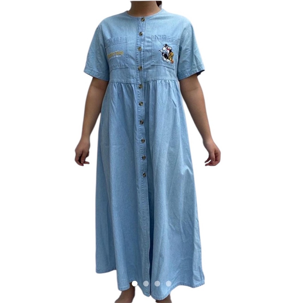 Vintage Denim Maxi Dress with Looney Tunes Tweety Bird and Sylvester Embroidery